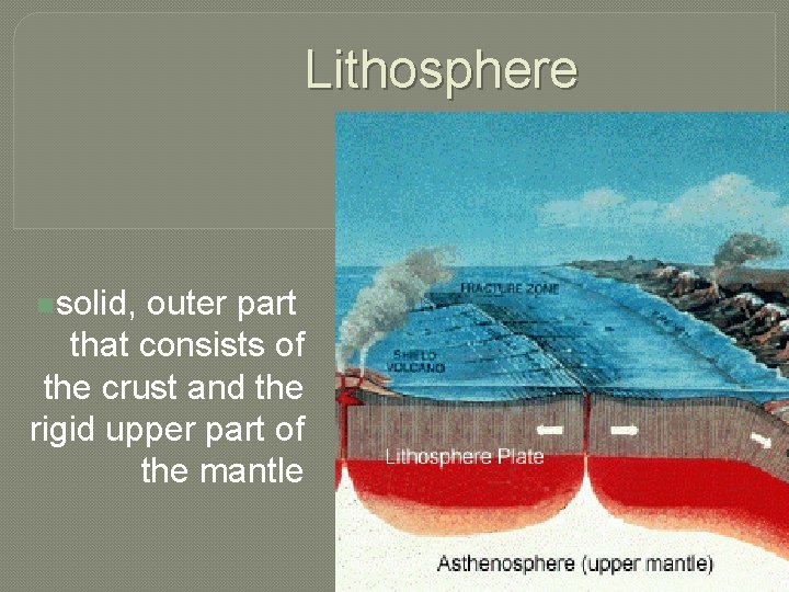 Lithosphere nsolid, outer part that consists of the crust and the rigid upper part