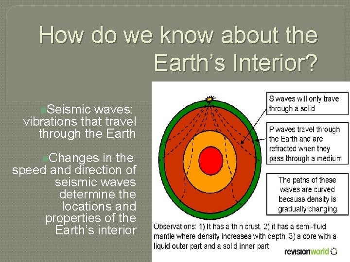 How do we know about the Earth’s Interior? n. Seismic waves: vibrations that travel