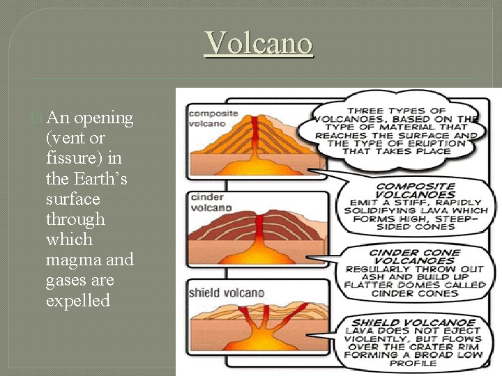 Volcano � An opening (vent or fissure) in the Earth’s surface through which magma