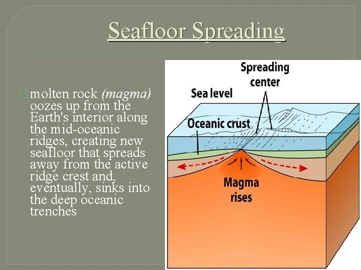 Seafloor Spreading � molten rock (magma) oozes up from the Earth's interior along the