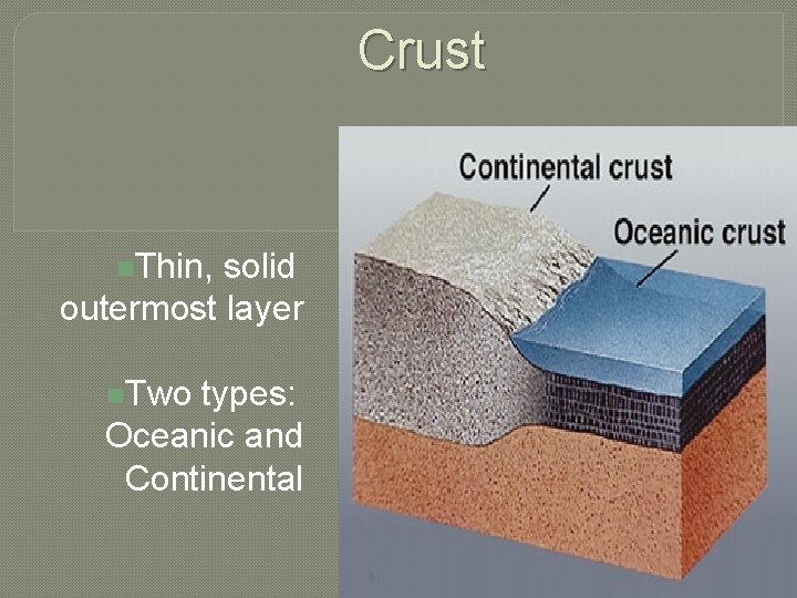 Crust n. Thin, solid outermost layer n. Two types: Oceanic and Continental 