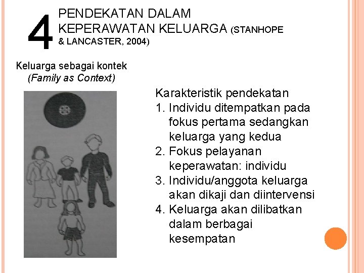 4 PENDEKATAN DALAM KEPERAWATAN KELUARGA (STANHOPE & LANCASTER, 2004) Keluarga sebagai kontek (Family as