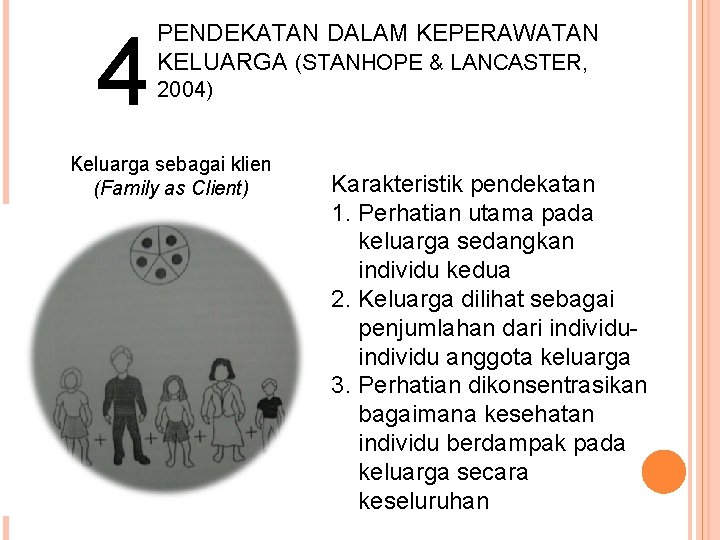 4 PENDEKATAN DALAM KEPERAWATAN KELUARGA (STANHOPE & LANCASTER, 2004) Keluarga sebagai klien (Family as