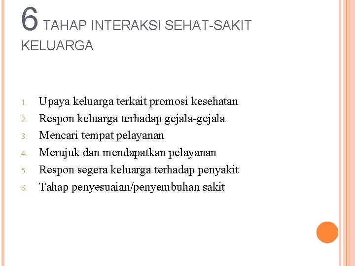 6 TAHAP INTERAKSI SEHAT-SAKIT KELUARGA 1. 2. 3. 4. 5. 6. Upaya keluarga terkait