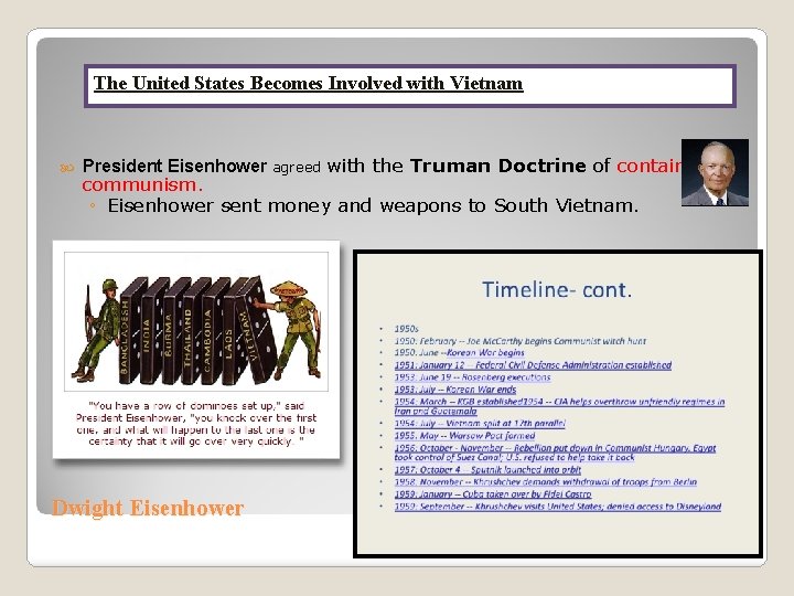 The United States Becomes Involved with Vietnam President Eisenhower agreed with the Truman Doctrine