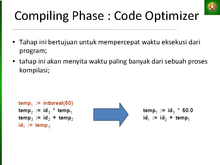 Compiling Phase : Code Optimizer • Tahap ini bertujuan untuk mempercepat waktu eksekusi dari