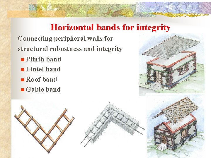 Horizontal bands for integrity Connecting peripheral walls for structural robustness and integrity n Plinth
