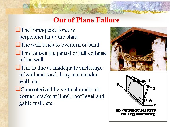 Out of Plane Failure q. The Earthquake force is perpendicular to the plane. q.