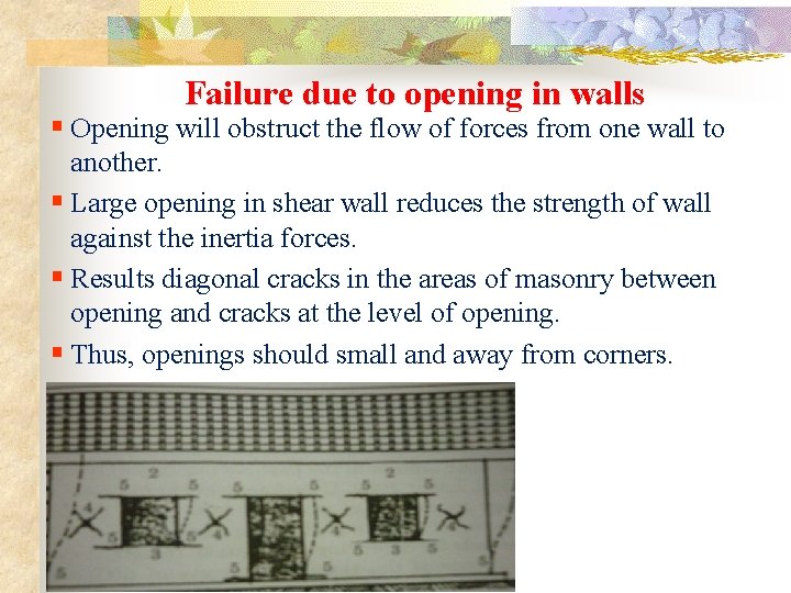 Failure due to opening in walls § Opening will obstruct the flow of forces