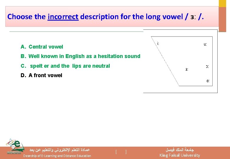 Choose the incorrect description for the long vowel / ɜː /. A. Central vowel