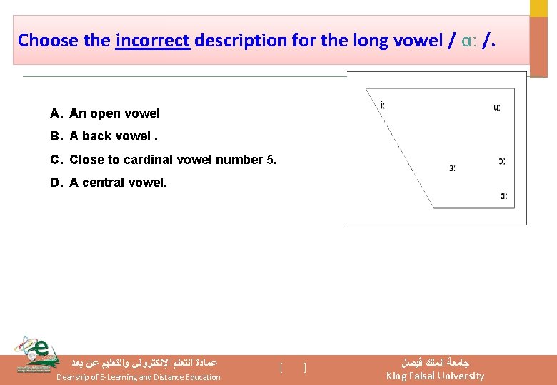 Choose the incorrect description for the long vowel / ɑː /. A. An open