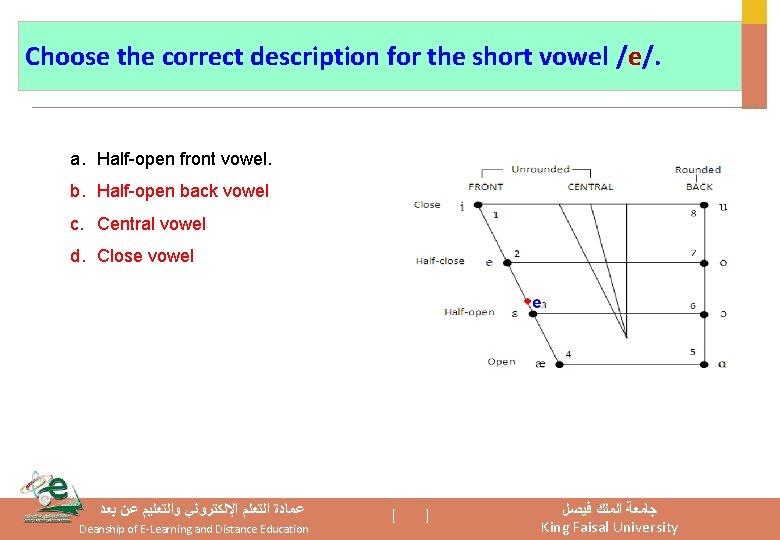 Choose the correct description for the short vowel /e/. a. Half-open front vowel. b.