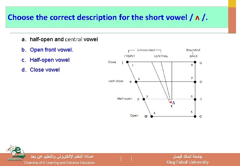 Choose the correct description for the short vowel / ʌ /. a. half-open and