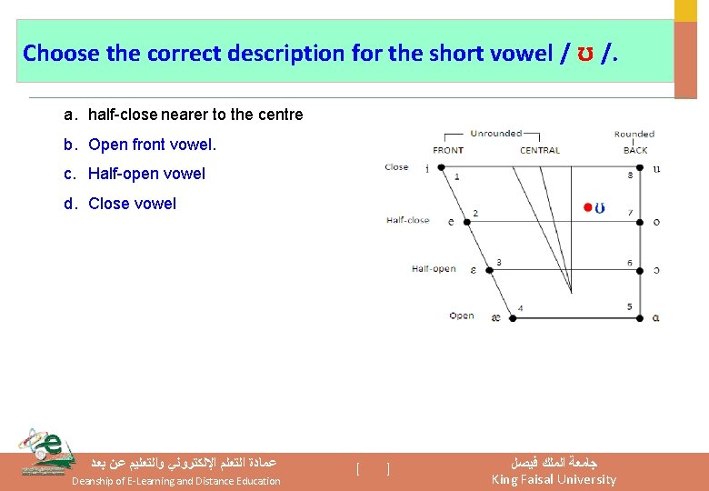 Choose the correct description for the short vowel / ʊ /. a. half-close nearer