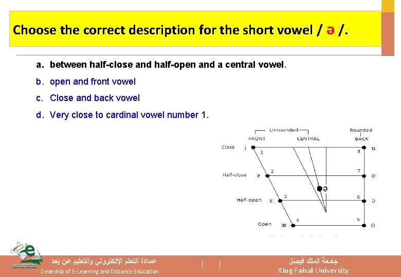 Choose the correct description for the short vowel / ə /. a. between half-close