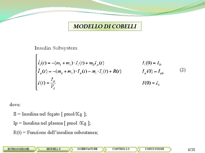 MODELLO DI COBELLI (2) dove: Il = Insulina nel fegato [ pmol/Kg ]; Ip