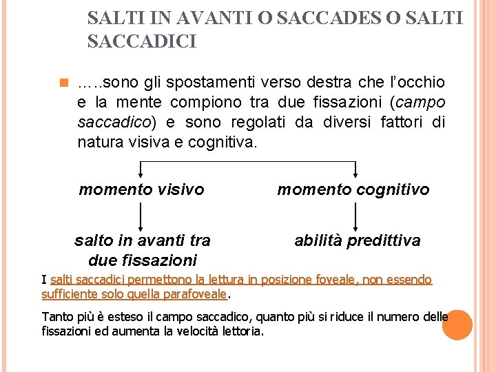 SALTI IN AVANTI O SACCADES O SALTI SACCADICI n …. . sono gli spostamenti