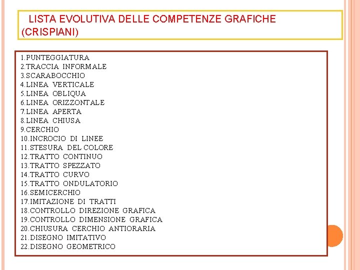 LISTA EVOLUTIVA DELLE COMPETENZE GRAFICHE (CRISPIANI) 1. PUNTEGGIATURA 2. TRACCIA INFORMALE 3. SCARABOCCHIO 4.