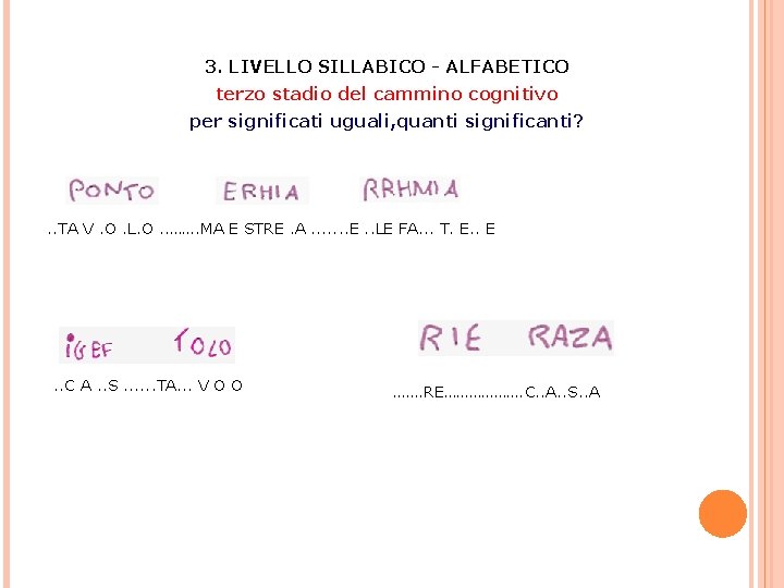 3. LIVELLO SILLABICO - ALFABETICO terzo stadio del cammino cognitivo per significati uguali, quanti