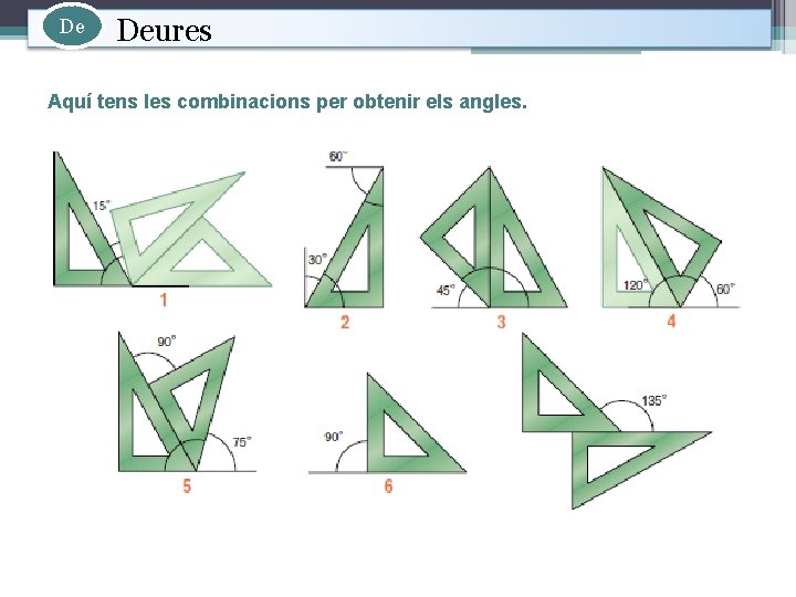 De Deures Aquí tens les combinacions per obtenir els angles. 