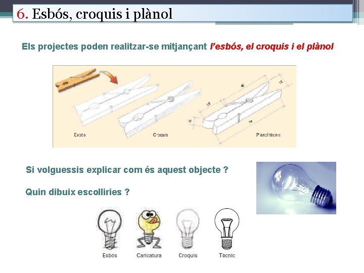 6. Esbós, croquis i plànol Els projectes poden realitzar-se mitjançant l’esbós, el croquis i