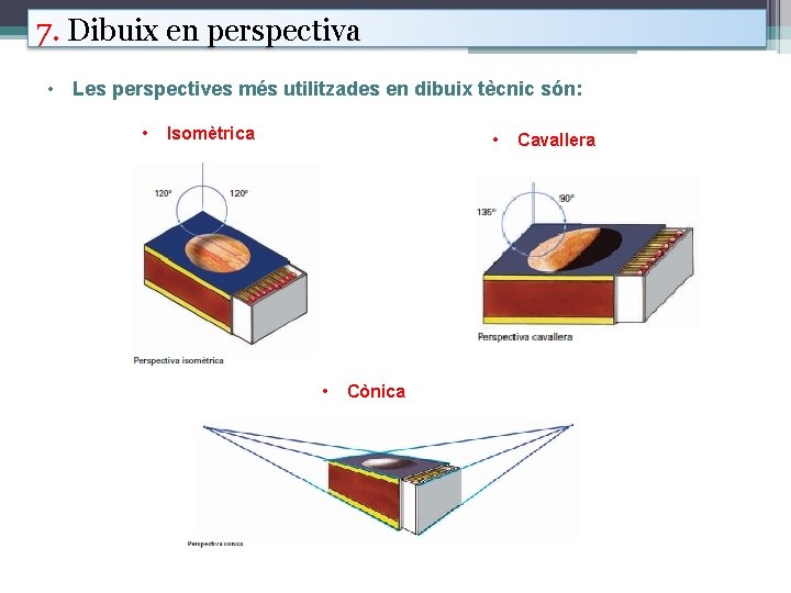 7. Dibuix en perspectiva • Les perspectives més utilitzades en dibuix tècnic són: •