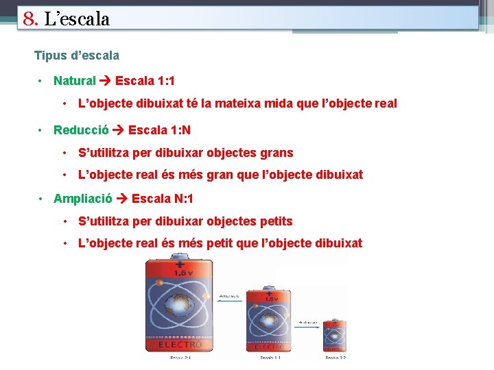 8. L’escala Tipus d’escala • Natural Escala 1: 1 • L’objecte dibuixat té la