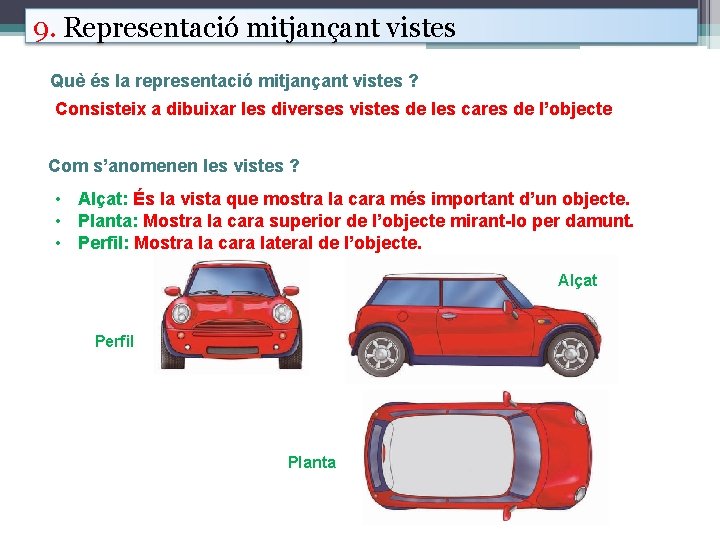 9. Representació mitjançant vistes Què és la representació mitjançant vistes ? Consisteix a dibuixar