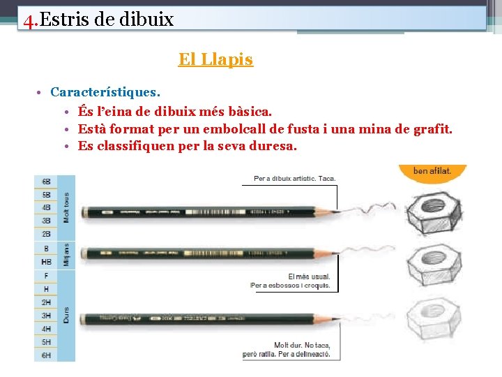 4. Estris de dibuix El Llapis • Característiques. • És l’eina de dibuix més