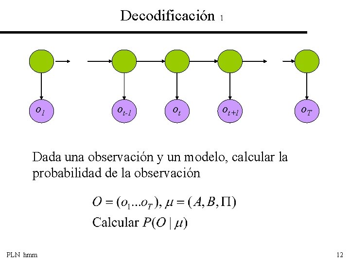 Decodificación 1 ot-1 ot ot+1 o. T Dada una observación y un modelo, calcular