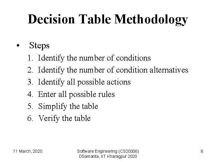 Decision Table Methodology • Steps 1. 2. 3. 4. 5. 6. Identify the number