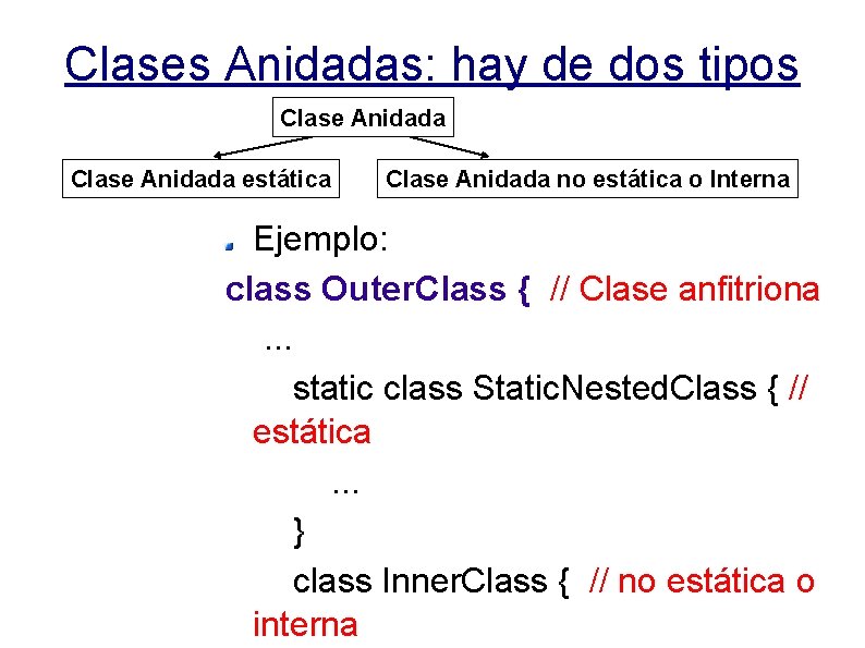 Clases Anidadas: hay de dos tipos Clase Anidada estática Clase Anidada no estática o