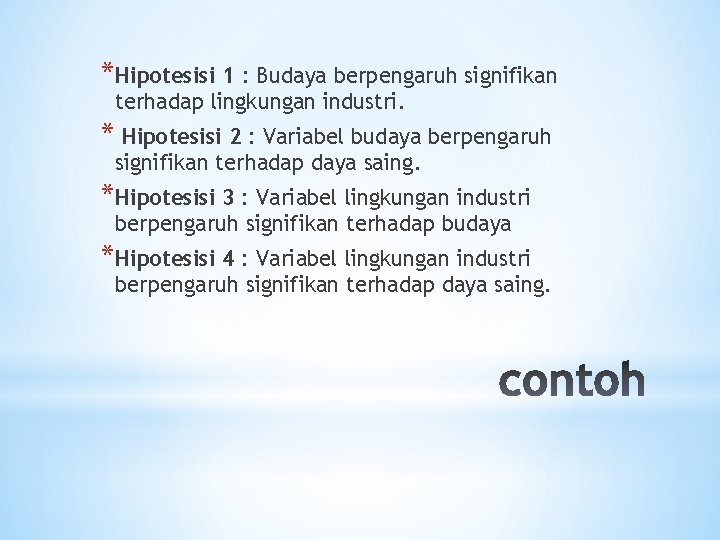 *Hipotesisi 1 : Budaya berpengaruh signifikan terhadap lingkungan industri. * Hipotesisi 2 : Variabel