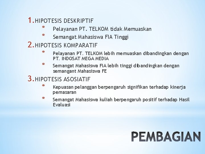 1. HIPOTESIS DESKRIPTIF * * Pelayanan PT. TELKOM tidak Memuaskan Semangat Mahasiswa FIA Tinggi