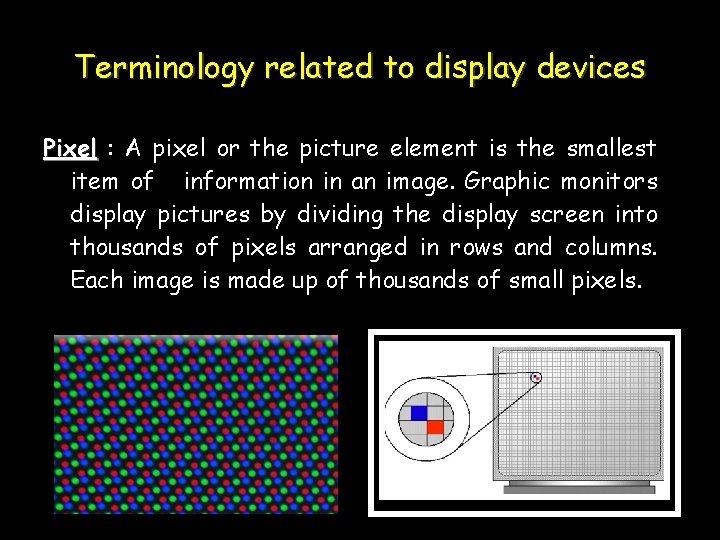 Terminology related to display devices Pixel : A pixel or the picture element is