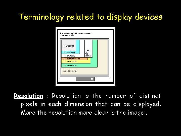 Terminology related to display devices Resolution : Resolution is the number of distinct pixels