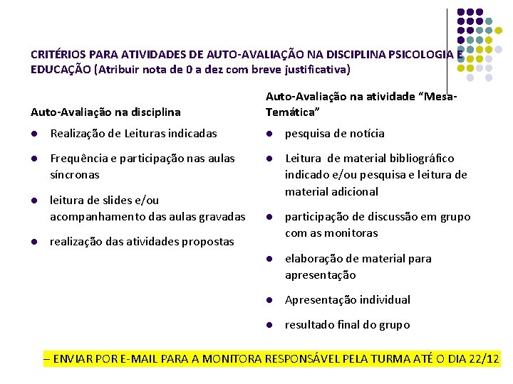 CRITÉRIOS PARA ATIVIDADES DE AUTO-AVALIAÇÃO NA DISCIPLINA PSICOLOGIA E EDUCAÇÃO (Atribuir nota de 0