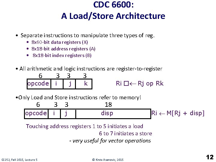 CDC 6600: A Load/Store Architecture • Separate instructions to manipulate three types of reg.