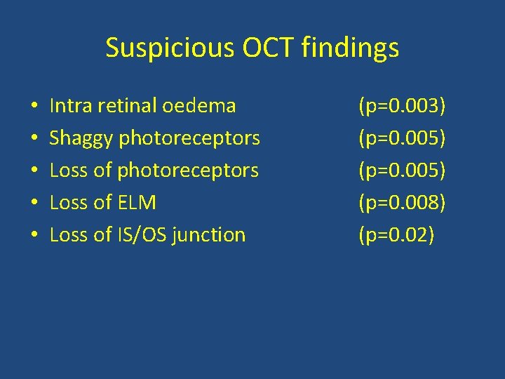 Suspicious OCT findings • • • Intra retinal oedema Shaggy photoreceptors Loss of ELM