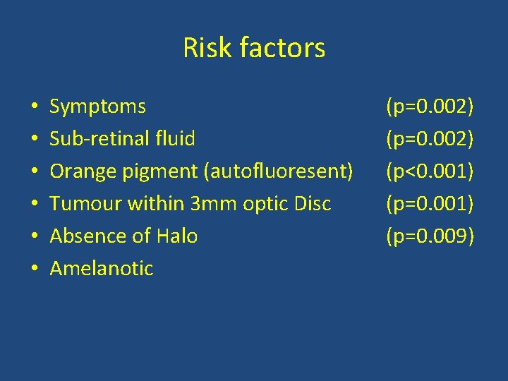 Risk factors • • • Symptoms Sub-retinal fluid Orange pigment (autofluoresent) Tumour within 3