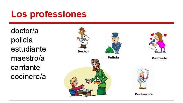 Los professiones doctor/a policía estudiante maestro/a cantante cocinero/a 