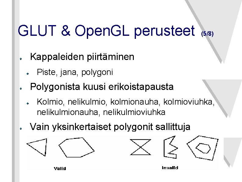 GLUT & Open. GL perusteet (5/8) Kappaleiden piirtäminen Piste, jana, polygoni Polygonista kuusi erikoistapausta