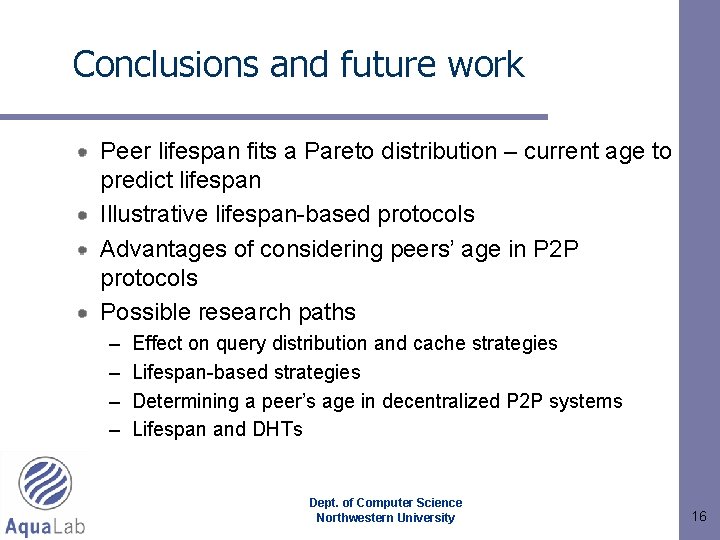 Conclusions and future work Peer lifespan fits a Pareto distribution – current age to