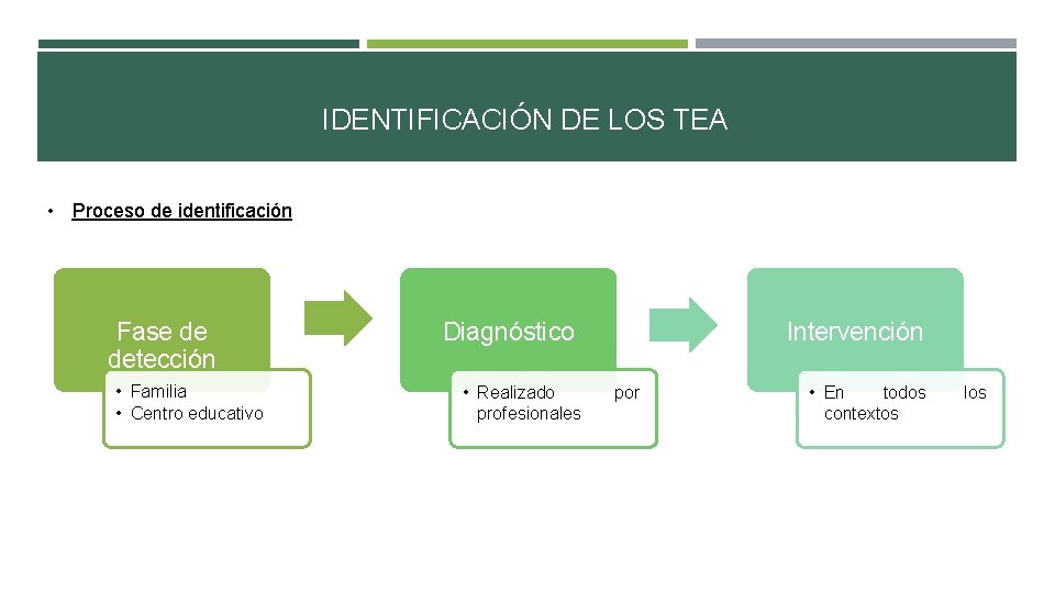 IDENTIFICACIÓN DE LOS TEA • Proceso de identificación Fase de detección • Familia •