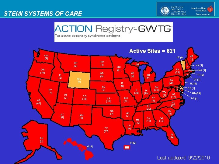 STEMI SYSTEMS OF CARE Active Sites = 621 WA (9) VT (0) ND (1)