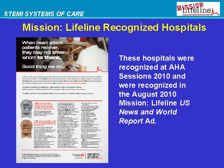 STEMI SYSTEMS OF CARE Mission: Lifeline Recognized Hospitals These hospitals were recognized at AHA