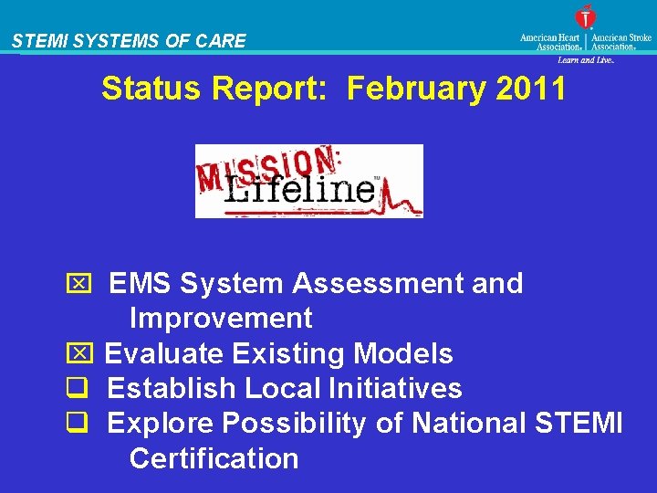 STEMI SYSTEMS OF CARE Status Report: February 2011 x EMS System Assessment and Improvement