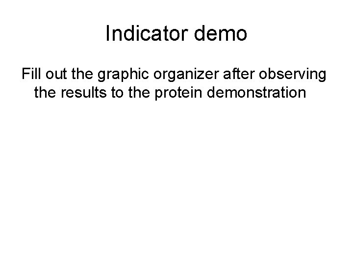 Indicator demo Fill out the graphic organizer after observing the results to the protein