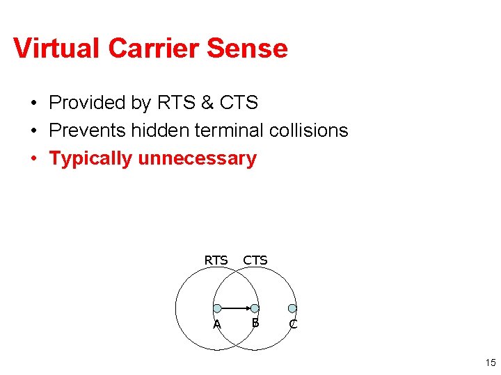 Virtual Carrier Sense • Provided by RTS & CTS • Prevents hidden terminal collisions