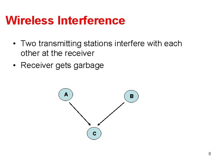 Wireless Interference • Two transmitting stations interfere with each other at the receiver •